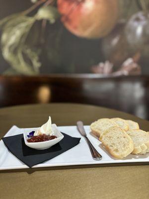 Summer Special: fresh crostini served with strawberry/rhubarb jam and mascarpone