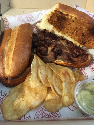 Medium Steak and provolone comes with Homemade chips and pickles...chunks of steak