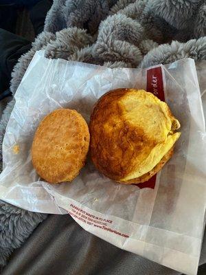 A sausage egg and cheese biscuit, burnt and literally inedible.