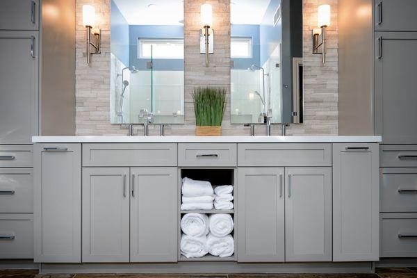 Clean lines and open storage in this master bath.