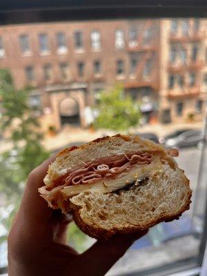 Mortadella, cheese and Balsamic reduction on sesame seed bread. Perfection.