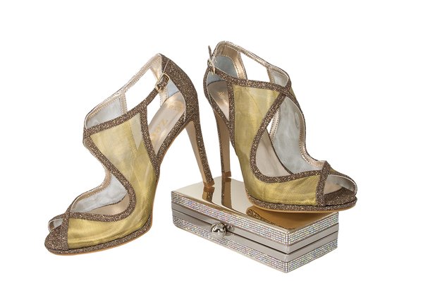 "Betulle" Gold Tulle Sandal & "Lasi" Gold Rhinestone Mirror Clutch