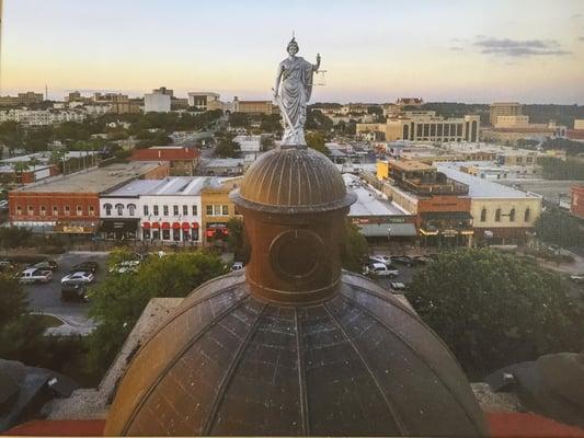 Aerial View of the historic Hays County Courthouse and downtown square