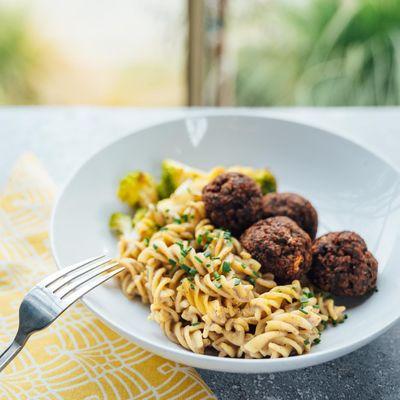 Swedish Truffle Meatballs with creamy sauce and toasted romanesco