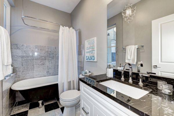 White Raised Panel vanity in timeless bathroom