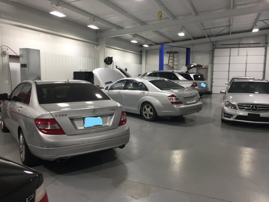 A shop full of silver Mercedes