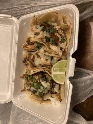 2 chicken tacos and 1 fish taco