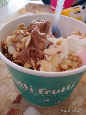 Frozen yogurt, Strawberry Field, Original, and Death by Chocolate. With Almonds and Granola Crunch.