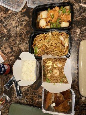 Fried pork dumplings, shrimp fried rice, pork lo mein, szechuan chicken