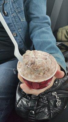 Cake batter with fudge tracks ice cream. Snickers and coconut mixins.