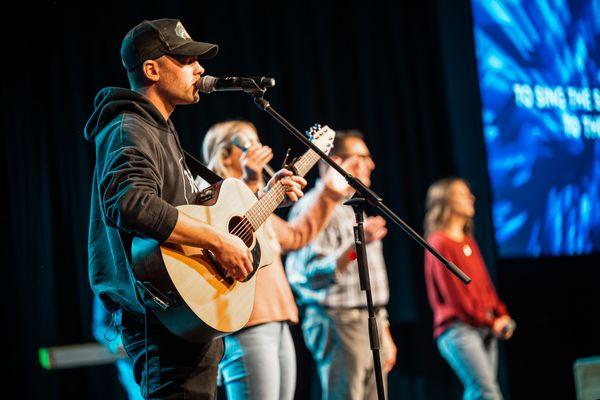 Worship team on stage at Lifepoint - Delaware Campus during a Sunday service.