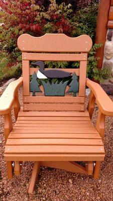 Beautiful outdoor poly-lumber furniture! Built to last, with a selection of in stock pieces, as well as options to order in other colors.