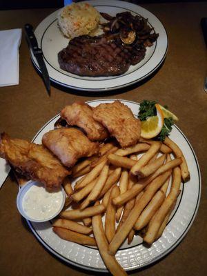 Fish and Chips, and Ribeye stake