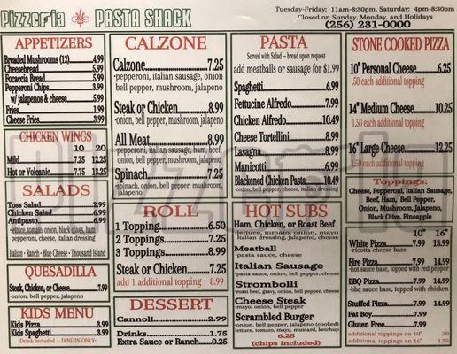 Menu as of 7/11/17