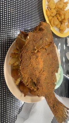 Flounder ,Shrimp , Fries, Hushpuppies.