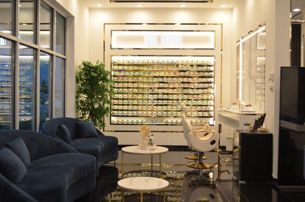 Waiting area, nail polish color collection  & eyebrow bar.