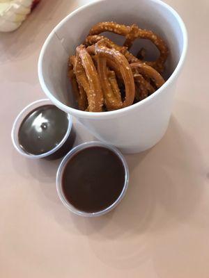 Complimentary pretzels with the hot fudge