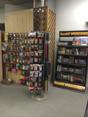 Nice selection of sleeves, deck boxes for yu-gi-oh and magic. Also good selection of games workshop models