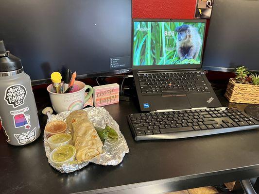 Uber eats as work from home. Potato Breakfast Burrito is always a good choice with @2oz Guac and grilled jalapeños.