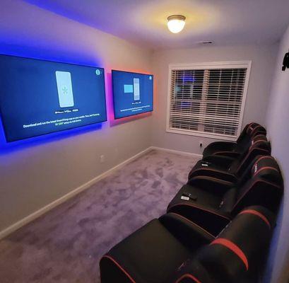 Family room enhanced with my LED Lights and flawless side by side mounted TVs and No Wire Left Behind Method!!