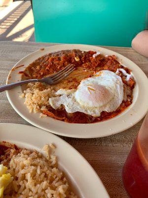 Chilaquiles rojo with egg.