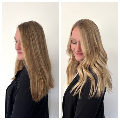 Creamy blonde highlights and baby lights