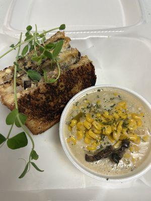 Veggie grilled cheese with corn bisque