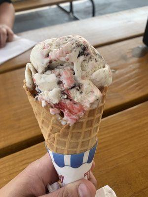 Kitty kitty bang bang! Cheese cake ice cream with raspberry ribbons and chocolate chunks