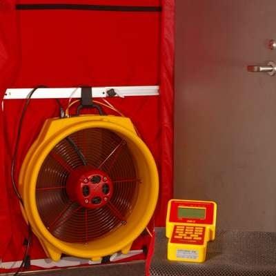 Blower door test is used during the energy audit. This tool helps locate leaks in the building envelope that need sealed.