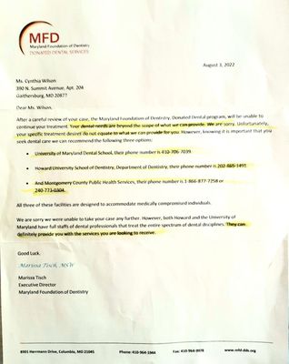 Letter I received from the Maryland Foundation of Dentistry after two months of no communication after abandonment of my dental treatment