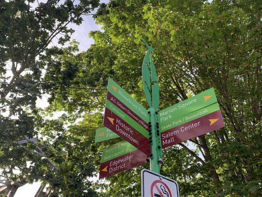 Directional sign by the bridge