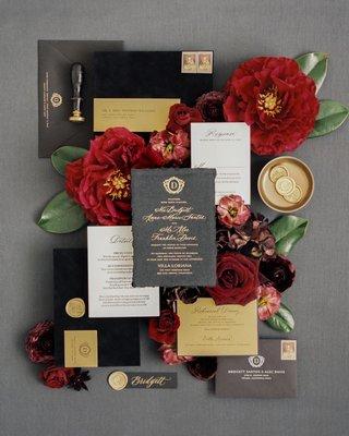 Gold foil wedding invitations on handmade paper