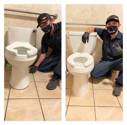 Before and after installation of a new Power Flush toilet.