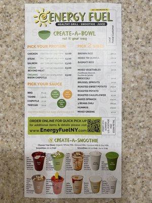 Front page of menu with QR code to download app and order online