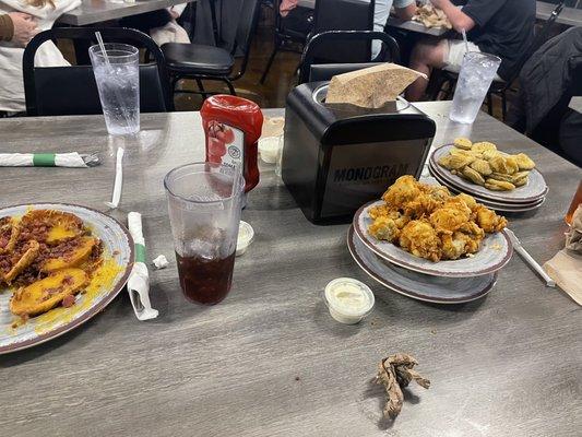 Sad potato skins, fried mushrooms, and fried pickles.