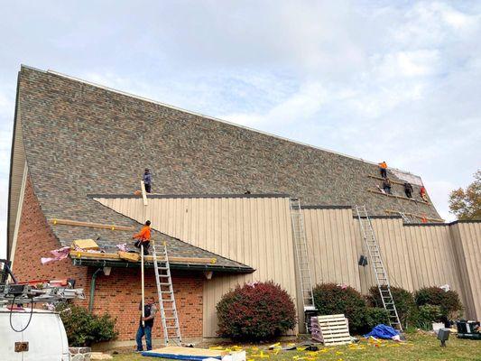 Commercial Roofing Project. Large Church with steep roof.