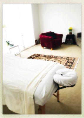 The bodywork table is available for Conscious Touch Massage, Presence Energy Work, and Emotional Integrative Bodywork.