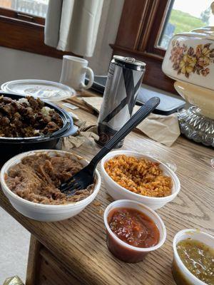 Beef teriyaki rice, and beans. Salsa on the side. XS energy drink, black cherry cola.