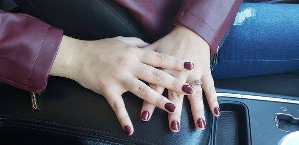 New set, thickened nails per my friends request with burgundy gel polish.