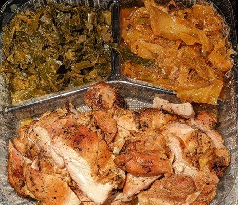 One way plate with chicken, fried cabbage and greens