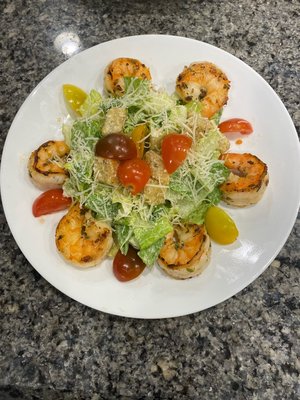 Classic Caesar salad with Homemade garlic Croutons and Grilled Jumbo Shrimp