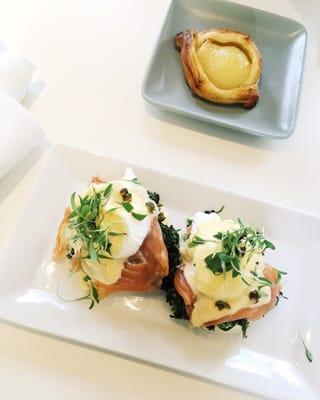 smoked salmon Benedict ($14) and pear Danish ($4)