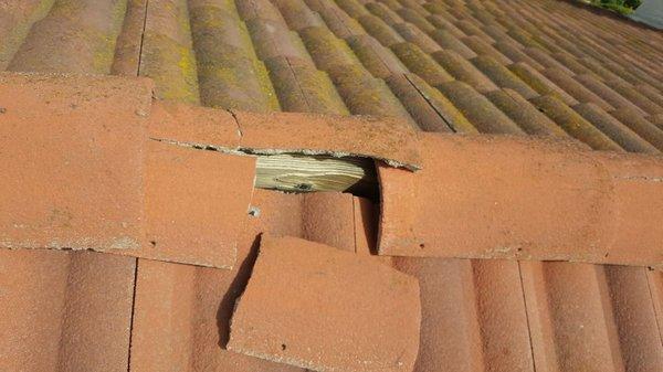 Broken roof ridge tile found during a recent home inspection