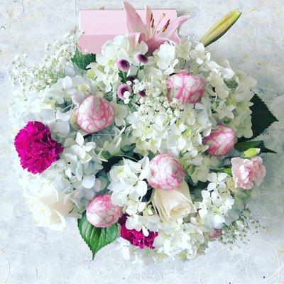 Floral Hydrangea Bouquet nestled in a keepsake box with Dipped Berries