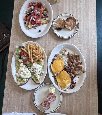 Greek avo toast, hash&eggs(with cheese), red white blue french toast