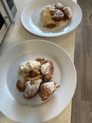 Beignets with vanilla ice cream & bananas foster sauce