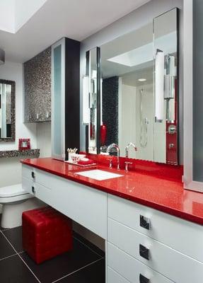 Modern color and texture make a dramatic impact in this contemporary bath.