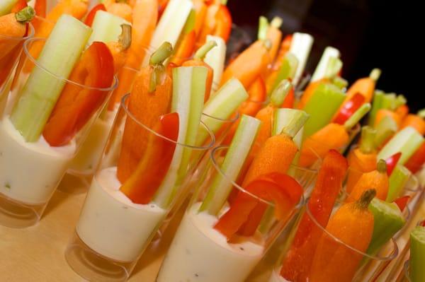 Vegetable crudite cups with ranch dipping sauce