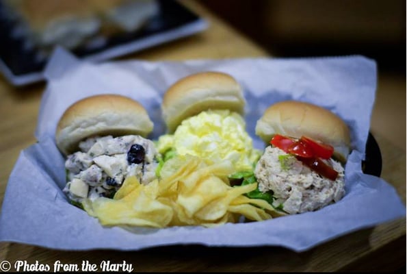 Trio of sliders (egg, tuna, and chicken salad).