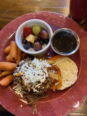 French dip on homemade bread, carrots and fruit